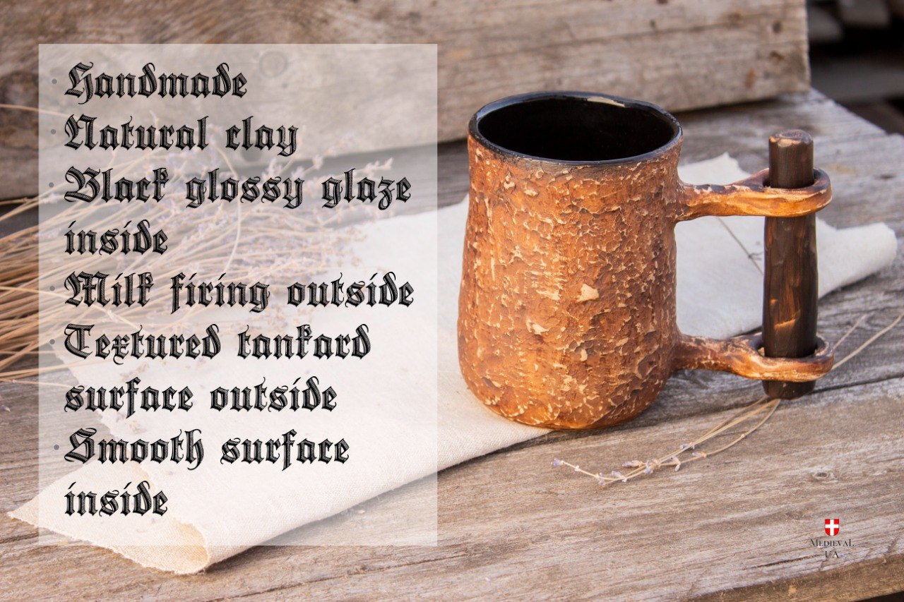 Features chart for the milk-fired tankard: handmade natural clay, black glossy interior glaze, textured exterior
