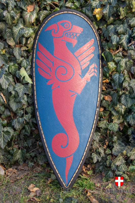 Big dark blue kite medieval shield with a dark red Dragon pattern