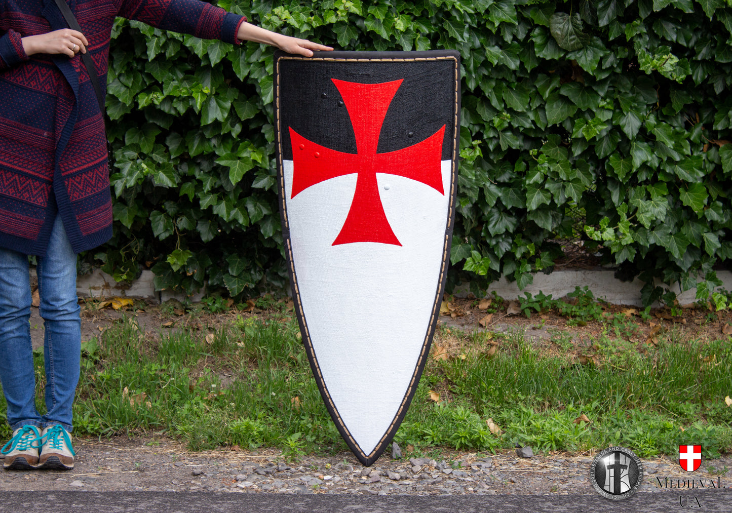 Big medieval heater shield with Templar cross