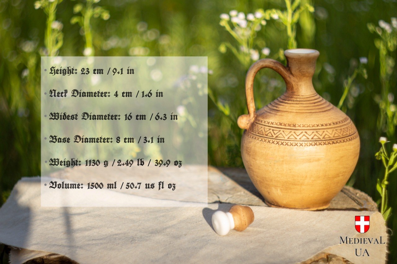 Ceramic wine decanter with size guide showing 23 cm height and 1500 ml capacity
