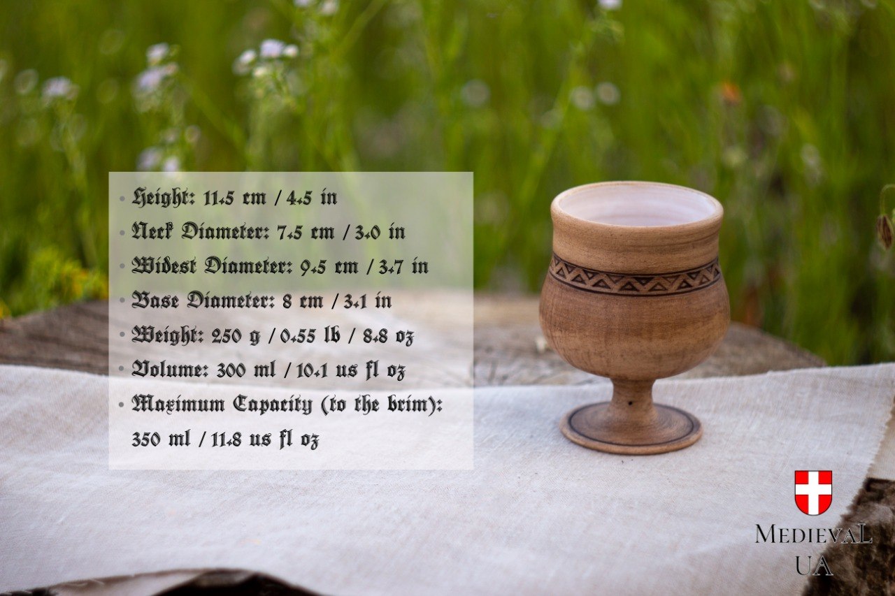 Handmade ceramic wine goblet with size guide showing 11.5 cm height and 300 ml capacity