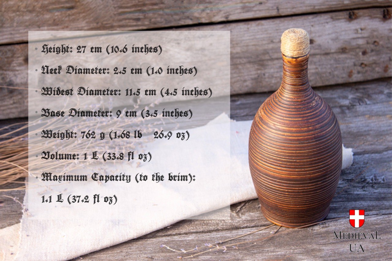 Dimension chart for the clay bottle: 27 cm tall, 1 litre volume, 762 g weight