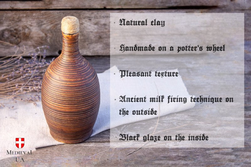 Materials card for the bottle: natural clay, wheel thrown, milk fired outside, black glaze inside