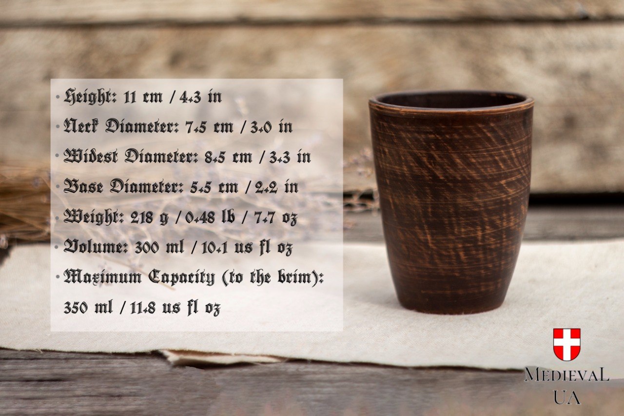 Dimension chart for each clay cup: 11 cm tall, 300 ml volume, 218 g weight
