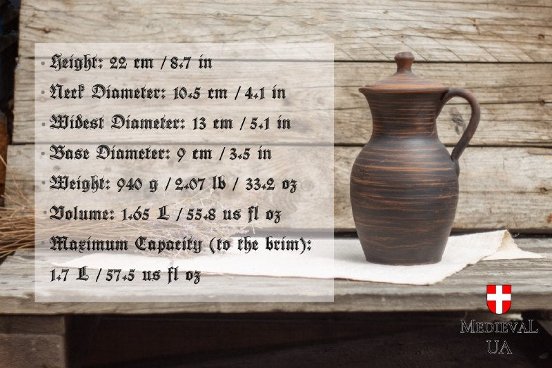 Dimension chart for the clay pitcher: 22 cm tall, 1.65 litre volume, 940 g weight