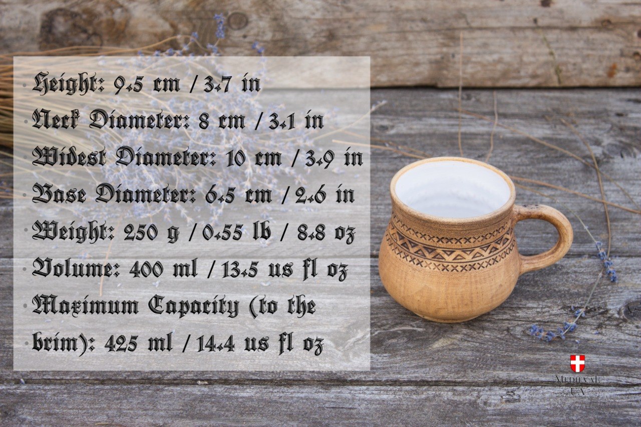 Size chart for the medieval drinking mug with height, diameters, weight, and 400ml volume