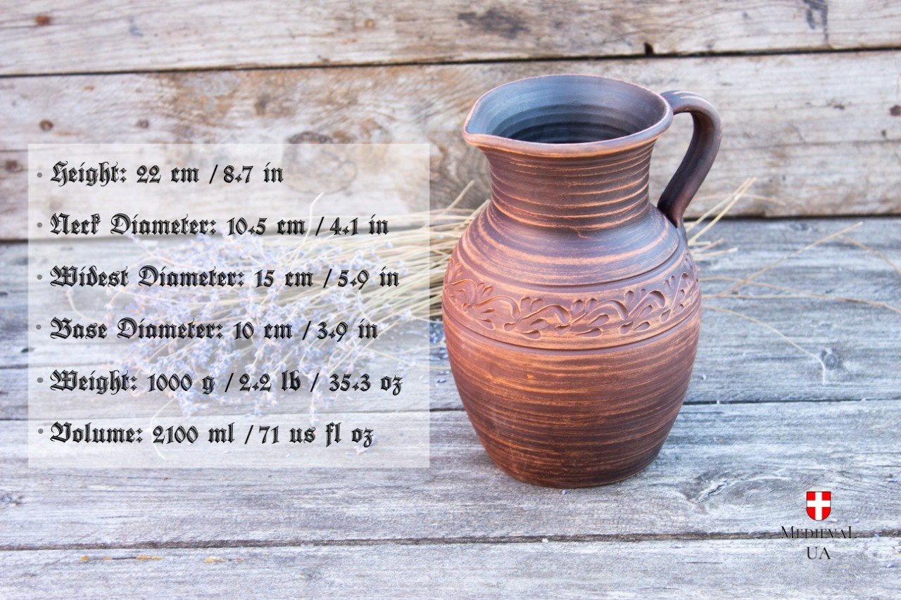 Large medieval clay pitcher with size and dimensions chart