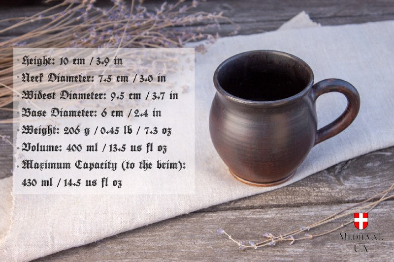 Size chart for the medieval ceramic tea mug with height, diameters, weight, and 400ml volume