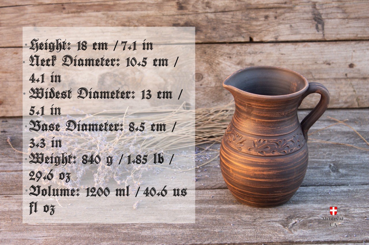 Medieval ceramic pitcher with size and dimensions chart