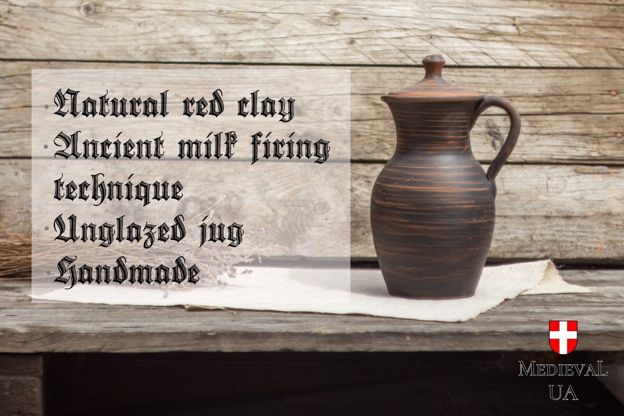 Lidded red clay jug beside notes listing natural clay, milk-firing, unglazed and handmade features