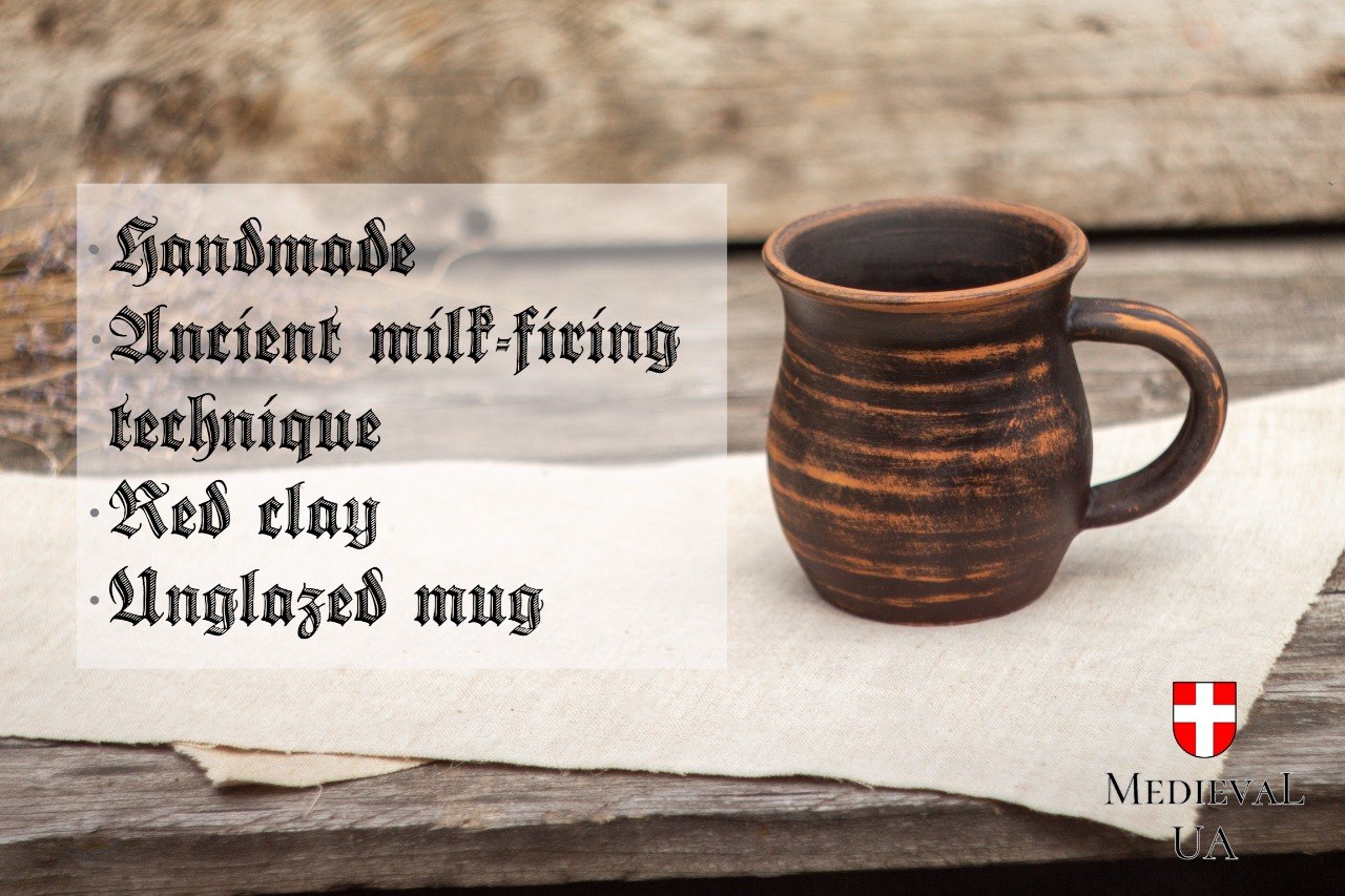 Milk-fired red clay mug beside notes listing handmade, milk-firing, red clay and unglazed features