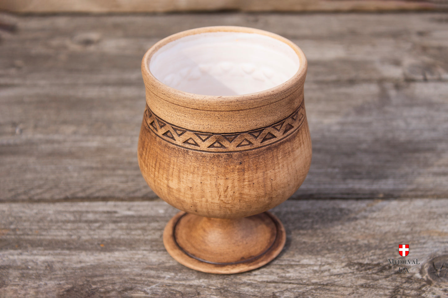 Handmade Medieval Goblet 300ml - Red Clay with Geometric Ornament, White Glaze