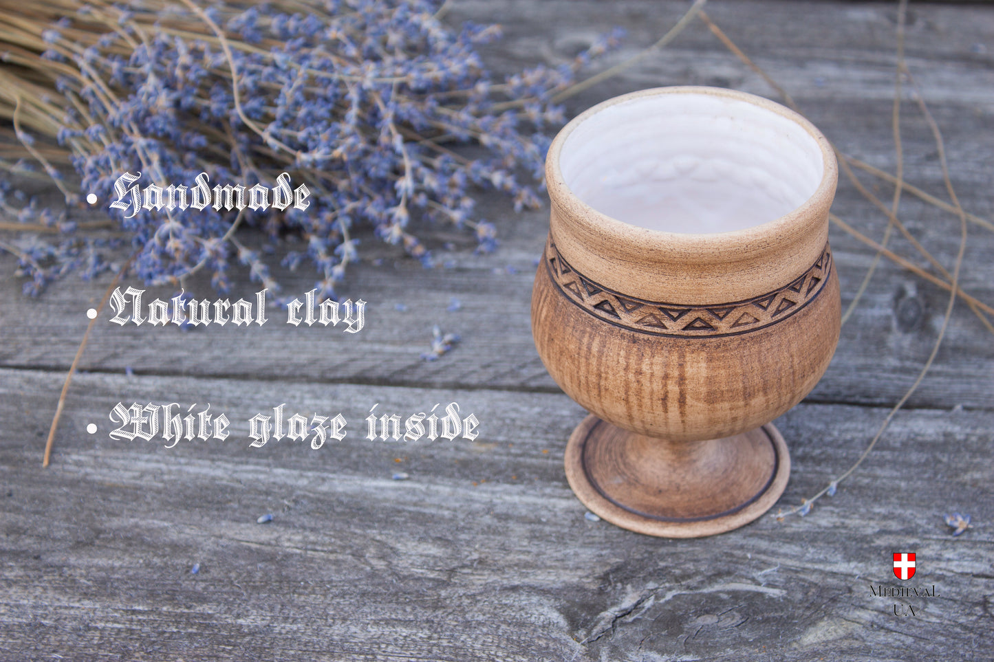 Handmade Medieval Goblet 300ml - Red Clay with Geometric Ornament, White Glaze