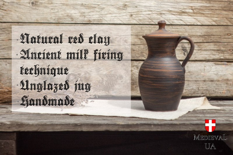 Materials card for the pitcher: natural red clay, ancient milk firing technique, unglazed, handmade