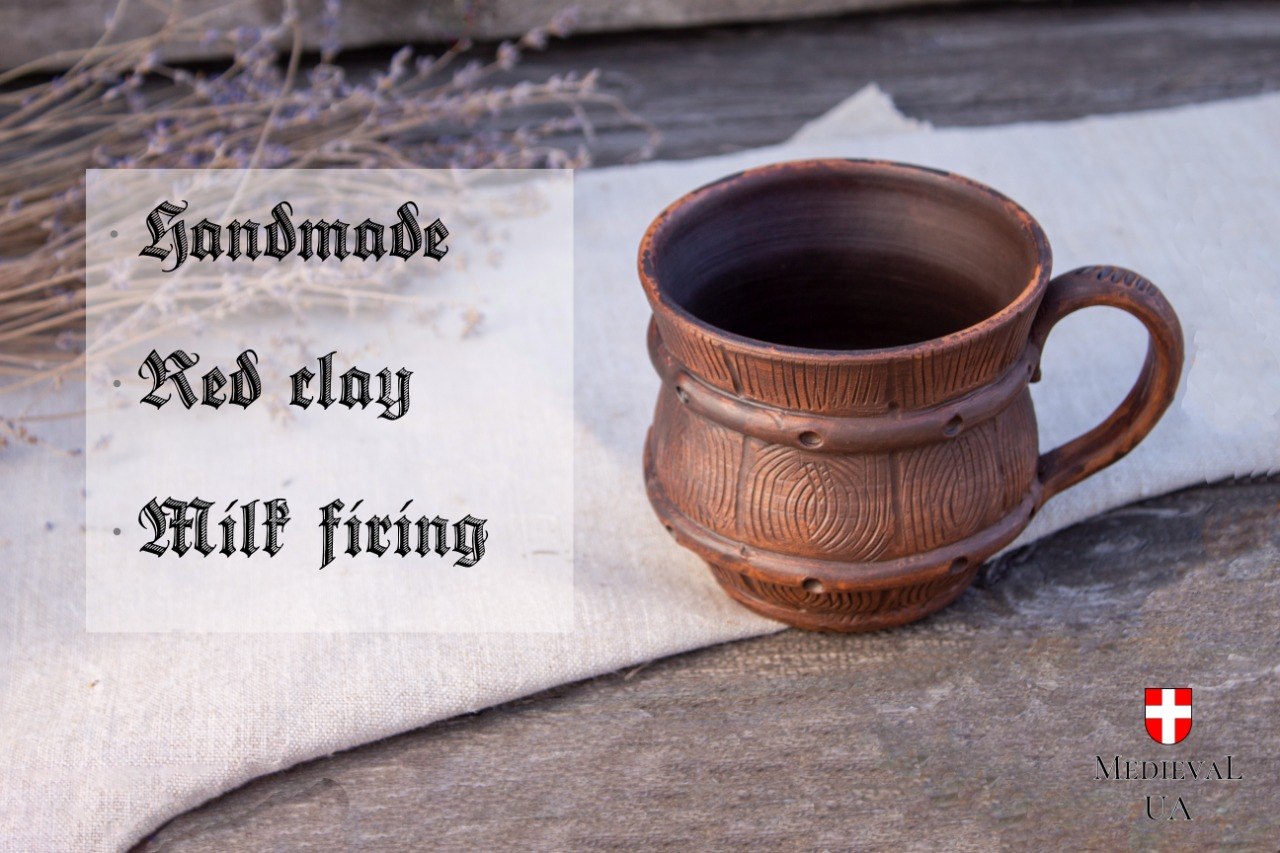 Wood-texture red clay mug on linen with a feature list: handmade, red clay, milk firing